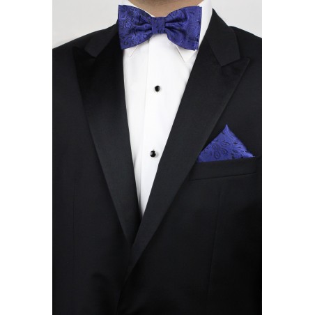 Formal Paisley Bow Tie and Pocket Square Hanky Set in Ultramarine Styled