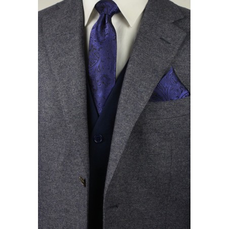 Ultramarine and Black Paisley Tie with Pocket Square Combo Set Styled