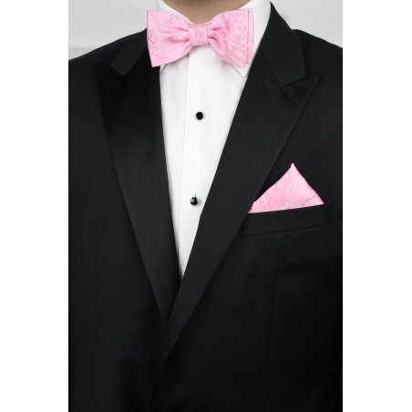 Bright Carnation Pink Mens Bow Tie and Pocket Square Hanky Set Styled