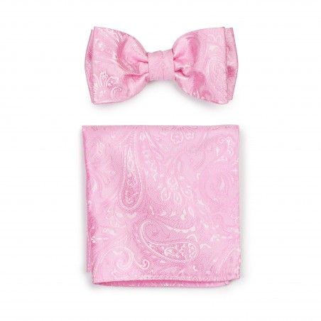 Bright Carnation Pink Mens Bow Tie and Pocket Square Hanky Set