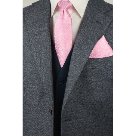 Mens Paisley Tie and Hanky Set in Carnation Pink Styled
