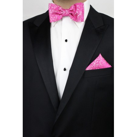 Dragon Fruit Colored Bowtie and Pocket Square Combo Set Styled