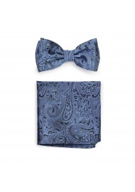 Steel Blue and Black Paisley Bow Tie and Hanky Set