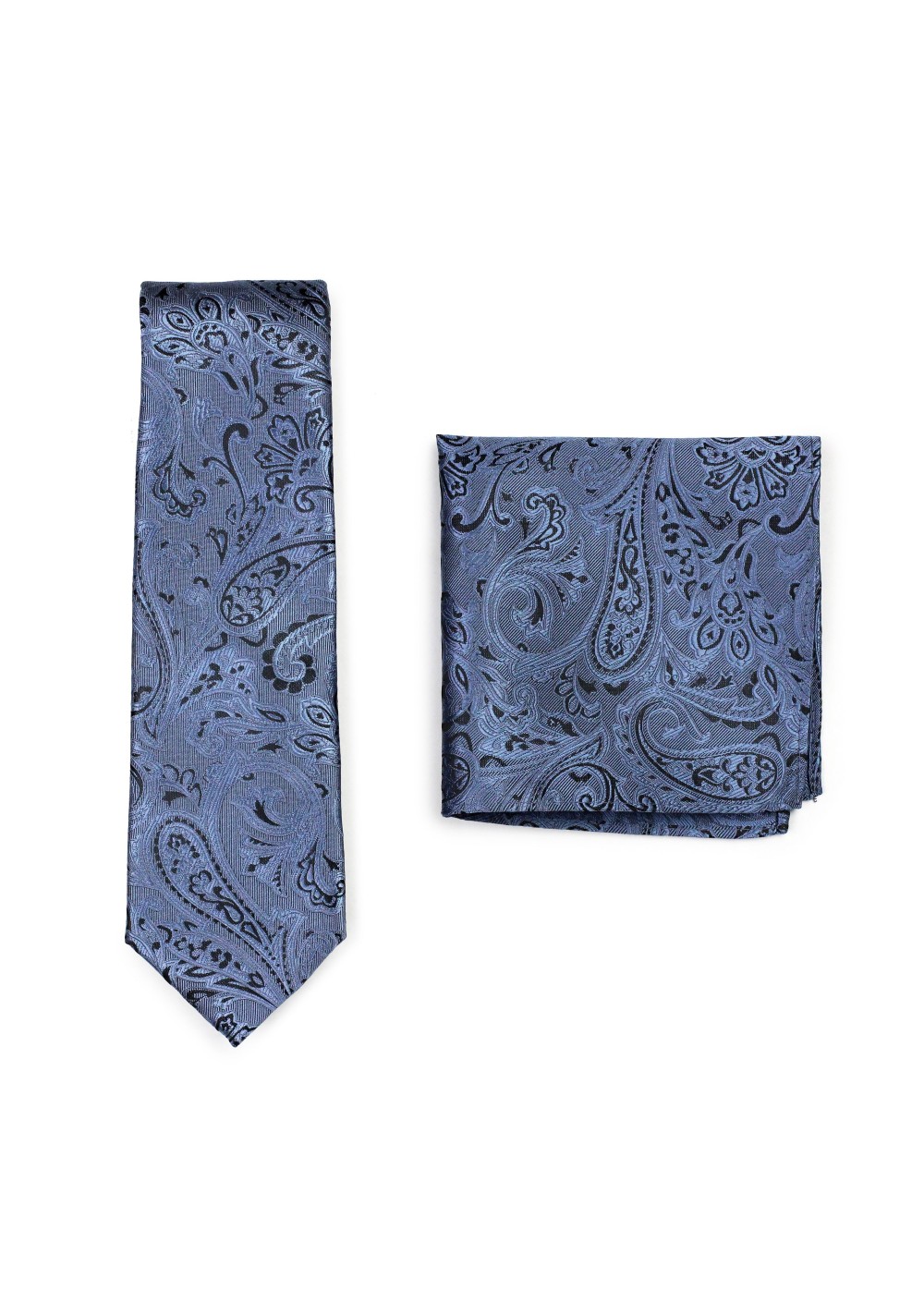 Steel Blue and Black Paisley Tie and Pocket Square Set