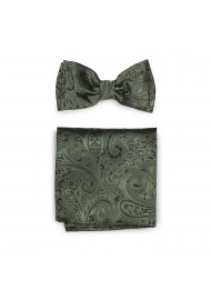 Moss Hued Paisley Bow Tie and Pocket Square Hanky