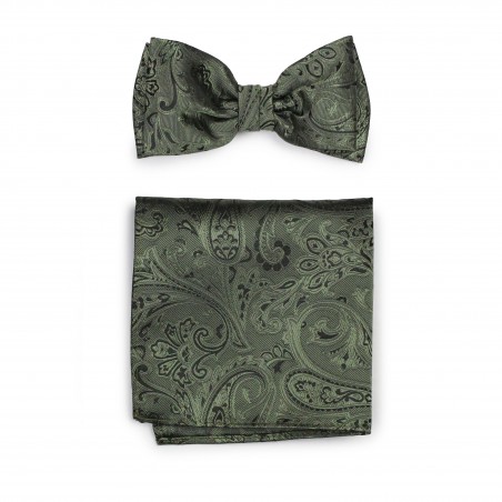 Moss Hued Paisley Bow Tie and Pocket Square Hanky