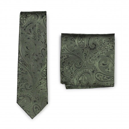 Elegant Paisley Necktie in Moss and Handkerchief Set
