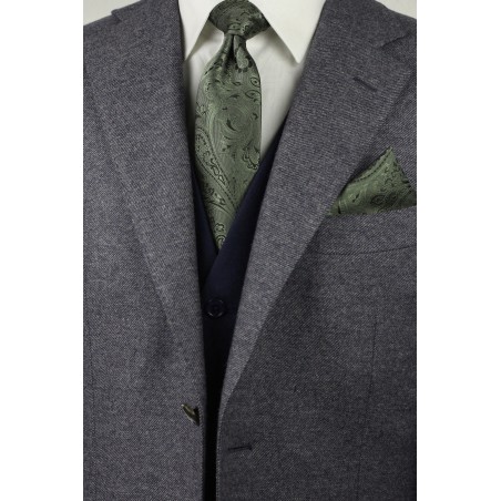 Elegant Paisley Necktie in Moss and Handkerchief Set Styled