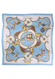 Elegant Equestrian Print Scarf in Light Blue, White, and Gold