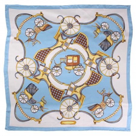 Elegant Equestrian Print Scarf in Light Blue, White, and Gold