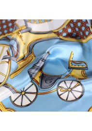 Elegant Equestrian Print Scarf in Light Blue, White, and Gold Detail Close Up