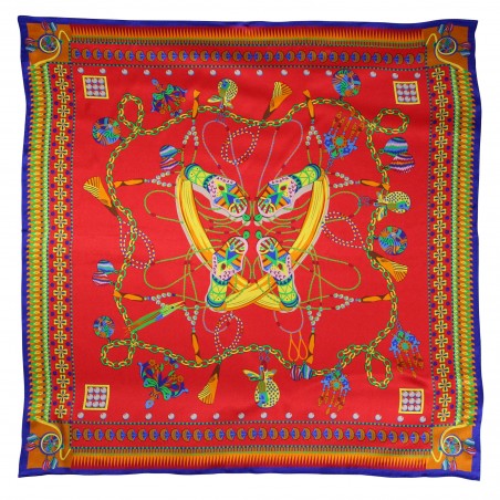 Red Silk Scarf with Gold and Blue Design Accents