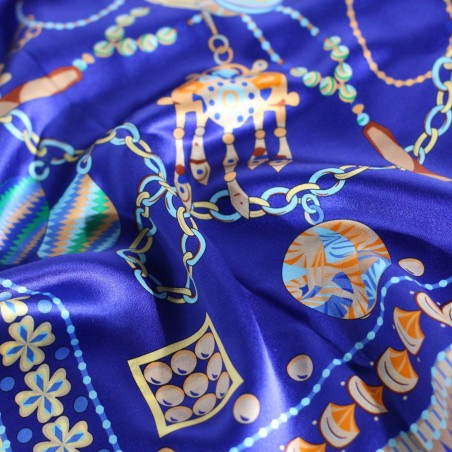 Rich Blue Ladies Silk Scarf with Golden Designer Print Detailed Close Up