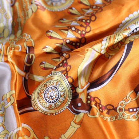 Tangerine and Gold Jewels Design Satin Silk Ladies Scarf Detailed Close Up