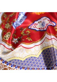 Royal Persian Print Designer Silk Scarf in Crimson, Navy, and Gold Detail Close Up
