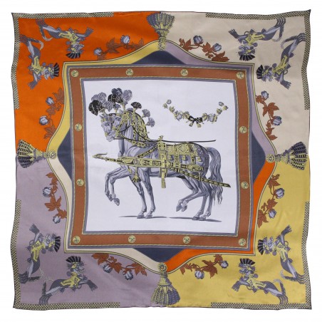 Royal Horse Print Silk Scarf in Orange, Gold, and Grays