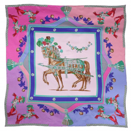 Pink and Lavender Summer Silk Scarf with Horses and Flowers