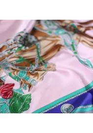Pink and Lavender Summer Silk Scarf with Horses and Flowers Detailed Close Up