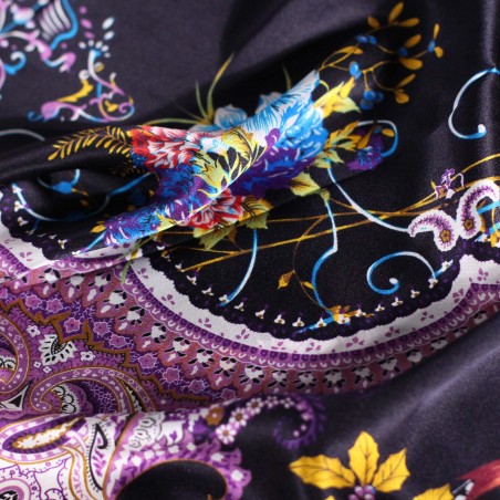 Navy and Purple Floral Designer Silk Scarf Detailed Close Up
