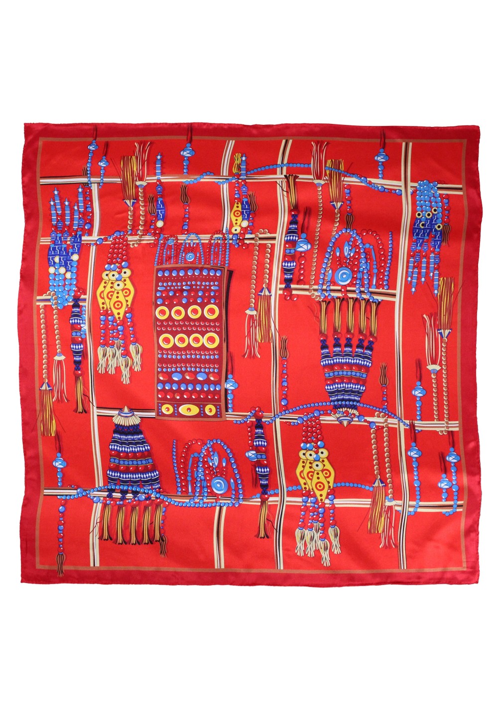 Red Ladies Scarf with Ancient Tribal Jewelry Print in Gold