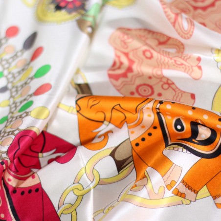 Far East Elephant Print Silk Scarf in Orange, Gold, and Cream Detailed Close Up