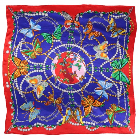 Navy and Red Silk Scarf with Flying Butterflies