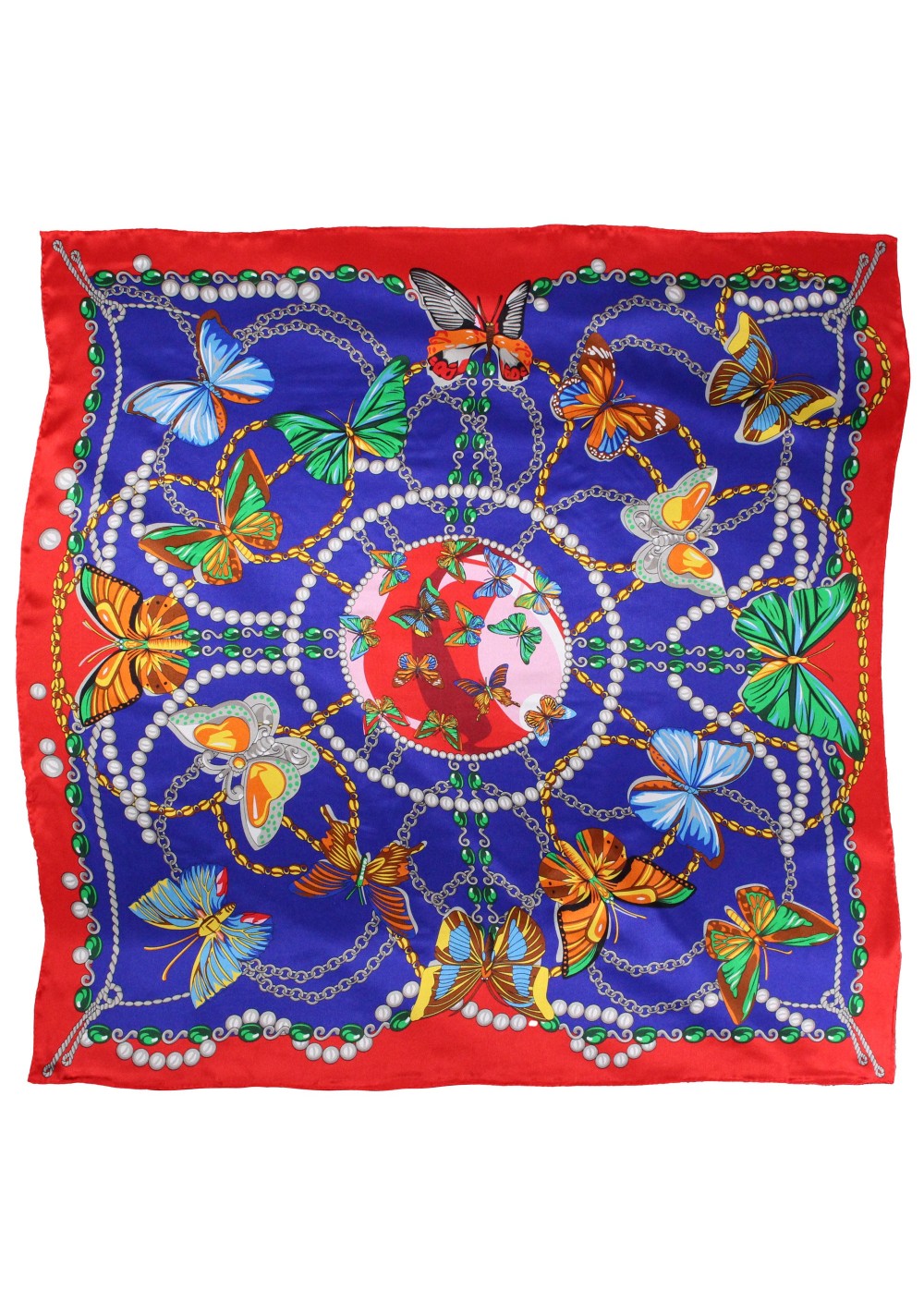Navy and Red Silk Scarf with Flying Butterflies