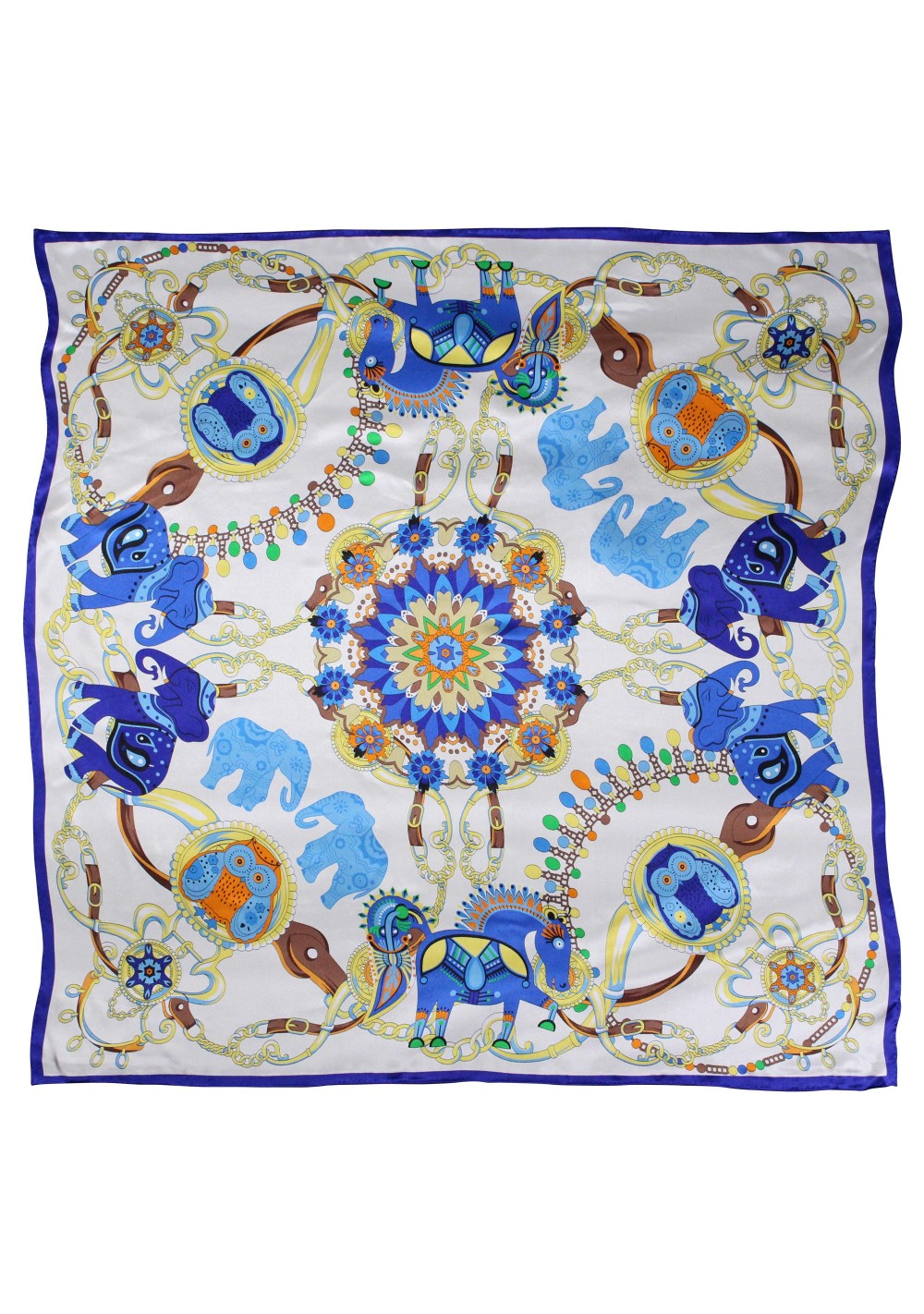 Indian Horse and Elephant Print Silk Scarf in Blue and Cream