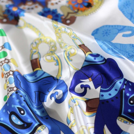 Indian Horse and Elephant Print Silk Scarf in Blue and Cream Detailed Close Up