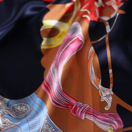 Modern Equestrian Print Ladies Scarf in Navy Blue Detailed Close Up