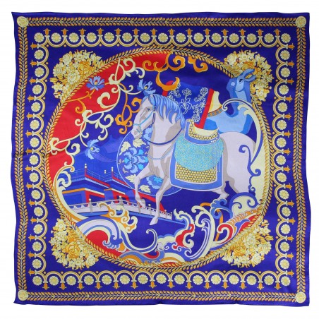 Persian Calvary Print Silk Scarf in Red, Navy, and Gold