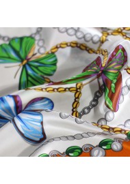 Summer Butterfly Print Silk Scarf in Orange and Cream Detailed Close Up