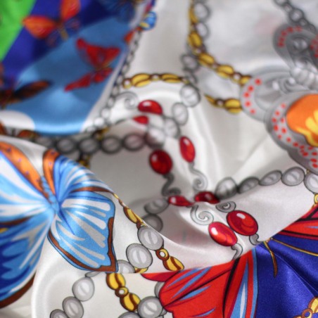 Navy Silk Scarf in Colorful Butterfly Print Detailed Close Up