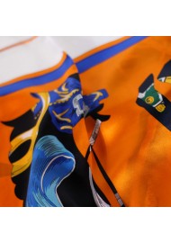 Modern Equestrian Print Silk Scarf in Deep Orange and Hunter Green Detailed Close Up