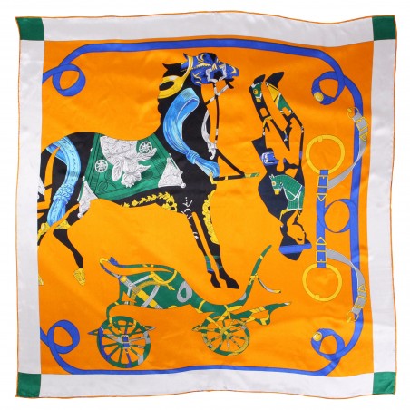 Modern Equestrian Print Silk Scarf in Deep Orange and Hunter Green
