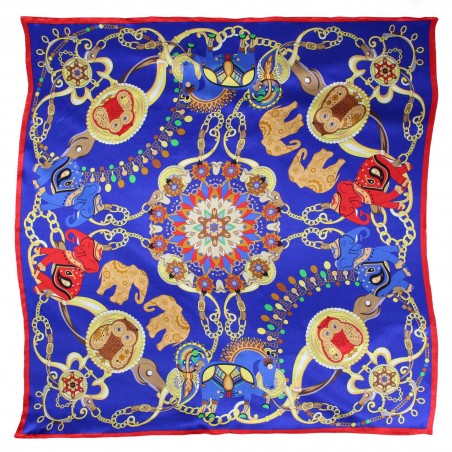 Ancient Indian Print Ladies Scarf in Navy, Red, and Tangerine