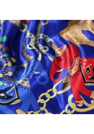 Ancient Indian Print Ladies Scarf in Navy, Red, and Tangerine Detailed Close Up
