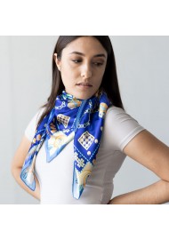 Rich Blue Ladies Silk Scarf with Golden Designer Print Styled