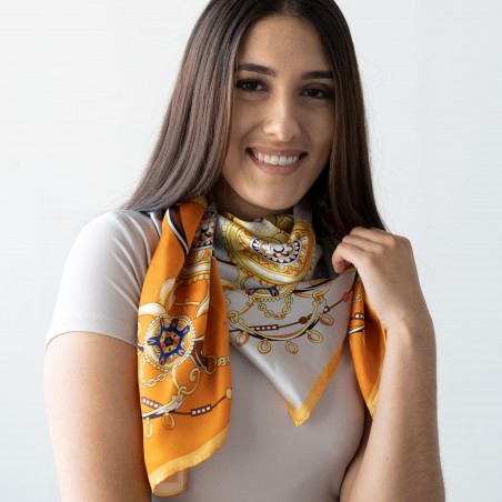 Tangerine and Gold Satin Silk Ladies Scarf Styled