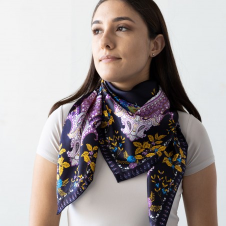 Navy and Purple Floral Designer Silk Scarf Styled