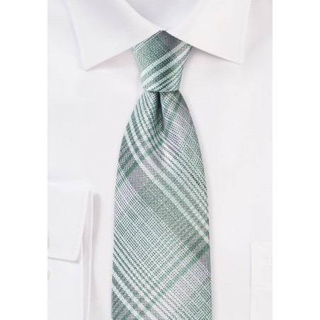Modern Plaid Tie in Silver and Mint