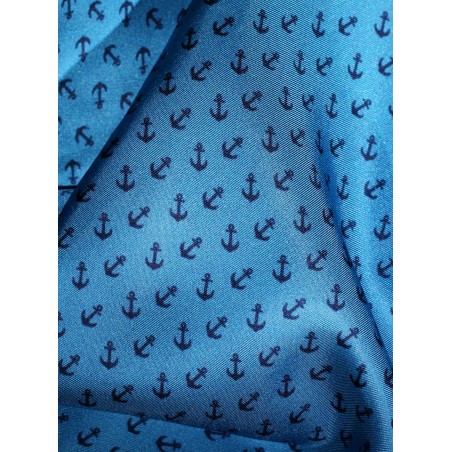 French Blue and Navy Anchor Print Silk Scarf Close Up Pattern