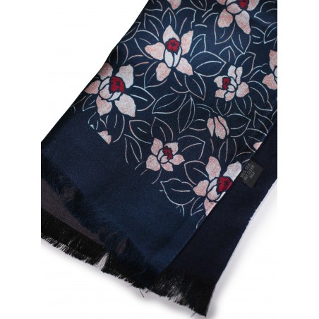 Navy Silk Scarf with Japanese Floral Print Double Sided