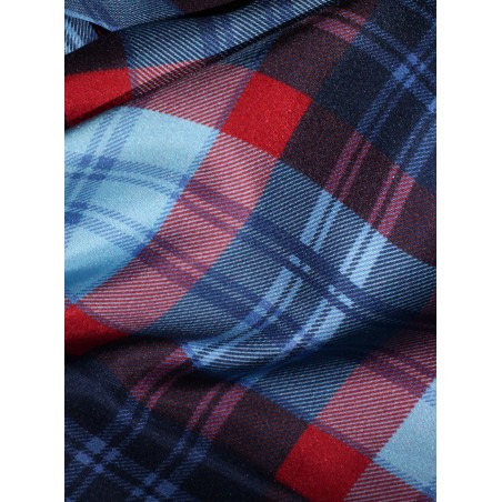 Tartan Check Silk Scarf in Reds and Blues Detailed Close Up