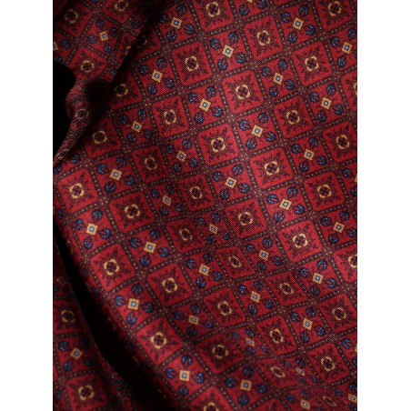 Victorian Designer Print Silk Scarf in Chestnut, Maroon, Navy Detailed Fabric Close Up Pattern