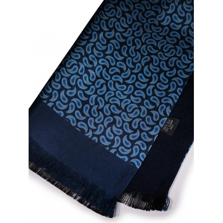Fine Silk Scarf with Geometric Paisley Print in Blue Double Sided