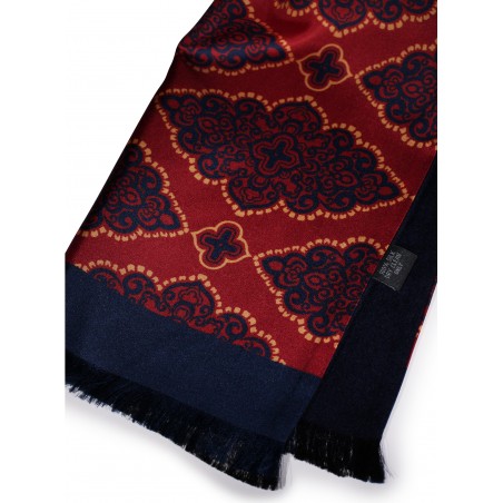 Persian Geometric Print Silk Scarf in Maroon, Navy, Gold Double Sided