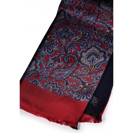 Italian Paisley Print Silk Scarf in Reds, Blues, and Gold Double Sided