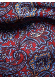Italian Paisley Print Silk Scarf in Reds, Blues, and Gold Detailed Close Up
