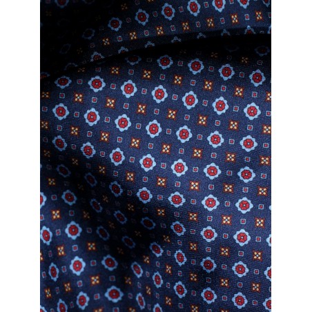 Foulard Print Silk Scarf in Navy, Maroon, Amber Detailed Close Up